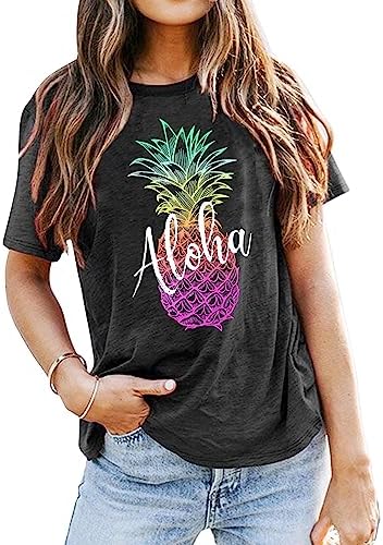 Pineapple T Shirt for Women Aloha Beaches Hawaiian Shirts Vacation Tees Crew Neck Tops