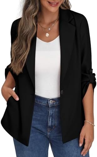 PrinStory Womens Blazer Suit Open Front Cardigan Adjustable Sleeve Blazer Jacket with Buttons Pockets