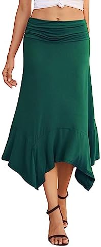 PrinStory Women's Summer Casual Skirts Soft Fit Flowy Handkerchief Hemline Midi Skirt