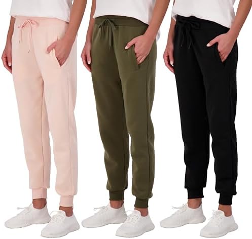 Real Essentials 3 Pack: Women's Relaxed Fit Fleece Jogger Sweatpants - Casual Athleisure (Available in Plus Size)