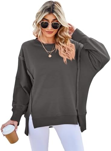 SotRong Oversized Sweatshirt Women Crewneck Long Sleeve Tops Baggy Loose Fit Pullover Teen Girls Fashion Y2K T Shirts High Low Asymmetric Hem with Side Split