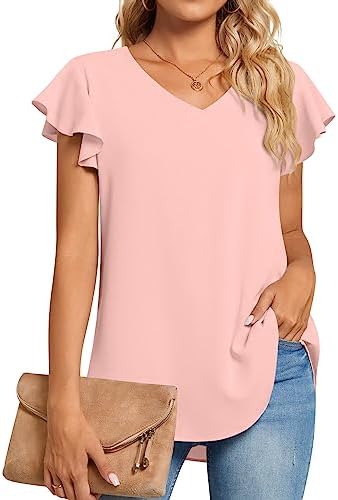 TAOHUADAO Womens Casual T-Shirts V Neck Chiffon Blouse Ruffle Sleeve Summer Tops