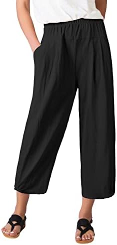 TOMEEK Womens Cropped Trousers Wide Leg Harem Lounge Pants with Pockets Cotton High Waist Capri Pants Loose Linen Trousers Summer