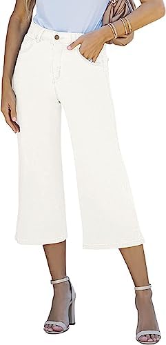 Vetinee Wide Leg Cropped Jeans for Women High Baggy Waisted Stretchys 3/4 Length Capris Jeans