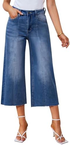 Vetinee Womens Cropped Jeans Wide Leg Baggy High Waisted 3/4 Length Stretch Raw Hem Capri Jeans