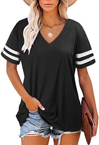 Voqeen T Shirts Women Summer Basic Tops V Neck Striped Short Sleeve Casual Loose Tee Fashion Sweatshirt