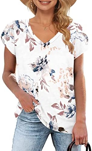 WNEEDU Women Summer Tops Petal Short Sleeve V Neck T Shirts Casual Basic Top