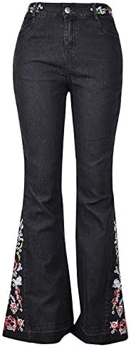 Women Flared Fit Jeans Washed Long Denim Pants with Floral Embroidery Bell Bottom