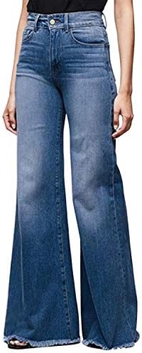 Women Wide Leg High Waisted Flared Jeans Retro Bootcut Raw Hem Denim Pants