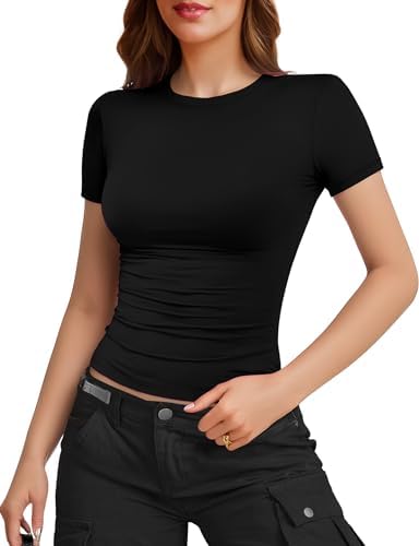 Womens Basic Short Sleeve Crew Neck T Shirt Slim Fit Tees 2024 Summer Y2k Going Out Crop Tops Cute Tight Fashion Shirts