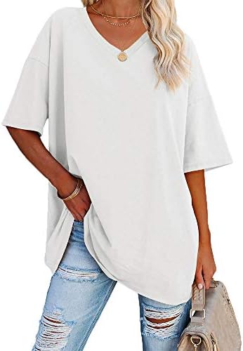 Women's Casual Oversized T Shirts Short Sleeve V Neck Basic Plain Cotton Tee Tops.