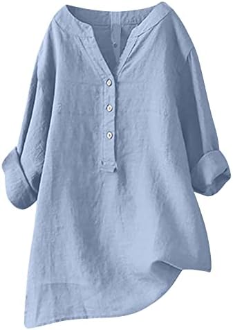 Womens Tops Linen Tops for Women UK Casual Loose Long Sleeve T-Shirt V Neck Cotton Shirt Women Summer Tops Swing Plus Size Button Up Shirt Womens Tunic Tops Solid Color Elegant Tshirt Size 8-22