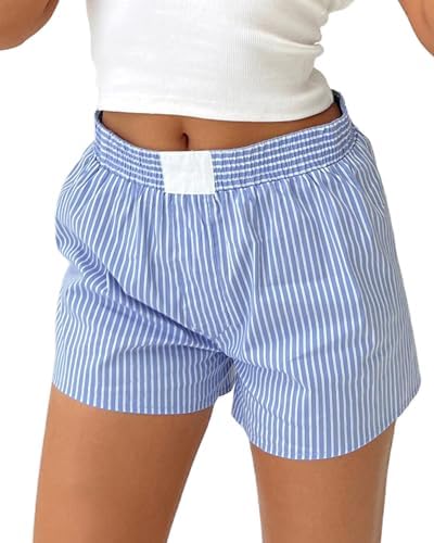 Women's Y2K Lounge Shorts Cute Elastic Low Waist Striped Plaid Print Button Front Beach Pajama Bottoms Boxer Shorts Sleepwear