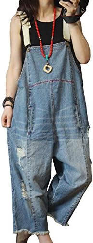 YESNO Women Loose Fit Denim Dungarees Casual Printed Baggy Jumpsuit Distressed Long Wide Leg Overalls Jeans Pants Trousers P60UK