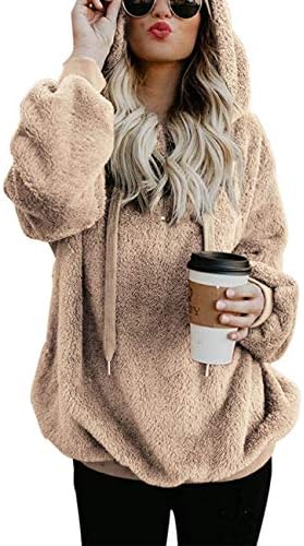 iWoo Teddy Fleece Sweatshirts Womens Casual Double Fuzzy Fluffy Hoodie Solid Color Warm Stylish 1/4 Zip Pullover With Pockets