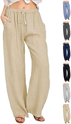 CheChury Women Linen Trousers Summer Casual Baggy Trousers Elastic Waist Drawstring Casual Pants with Pockets Loose Fit Plain Summer Trousers for Women UK