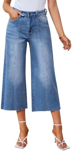 Vetinee Womens Cropped Jeans Wide Leg Baggy High Waisted 3/4 Length Stretch Raw Hem Capri Jeans