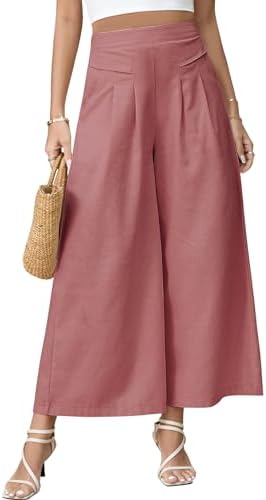 PASUDA Womens Wide Leg Trousers Linen Pants Elastic High Waist Pants with Pockets Solid Color 7/8 Trousers Casual Flared Palazzo Loose Fit Lounge Wear Pants