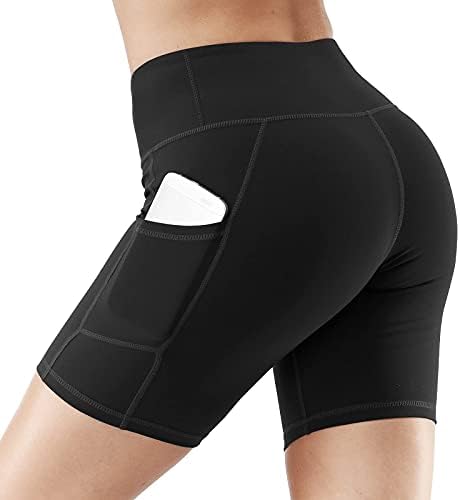 ACWOO Yoga Shorts, Women High Waisted Running Shorts with Pockets, Comfortable Seamless Tummy Control Sports Gym Shorts, Butt Lifting Workout Shorts for Women (Black)