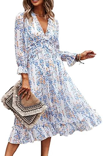 AILLOSA Women's Casual Long Sleeve V Neck Loose Floral Dress Long Dresses Swing Dress for Women