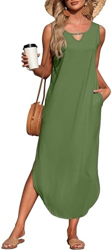 AUSELILY Summer Maxi Dresses for Women UK Sleeveless Halter Loose Beach Ladies Split Dresses with Pockets