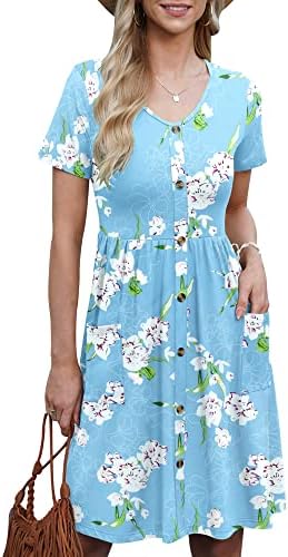 AUSELILY Womens Summer Dress Short Sleeve Knee Length Dress Casual Empire Dress A Line Swing Dresses with Pockets