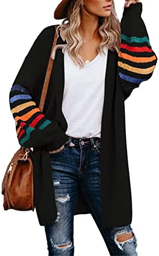 AlvaQ Women's Cardigans Long Sleeve Open Front Rainbow Striped Color Block Loose Casual Womens Oversized Cardigan Ladies Long Lightweight Knit Outwear Coat Jacket Sweaters S-XXL