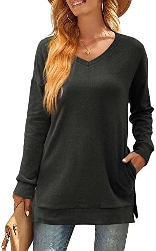 Aokosor Jumpers for Women Sweatshirts Ladies V Neck Long Sleeve Tops with Pockets Side Split Casual Tunic