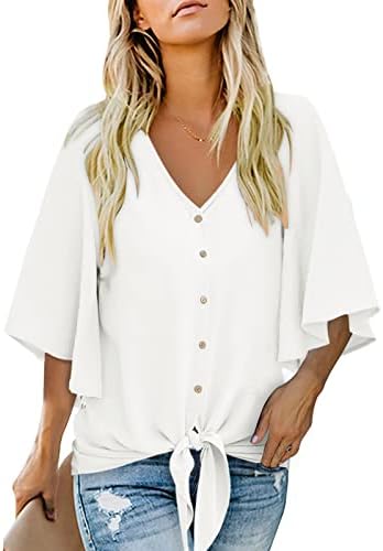 Aokosor Womens Blouse V Neck Tops with Button Ladies Summer Chiffon 3/4 Bell Sleeve T shirts