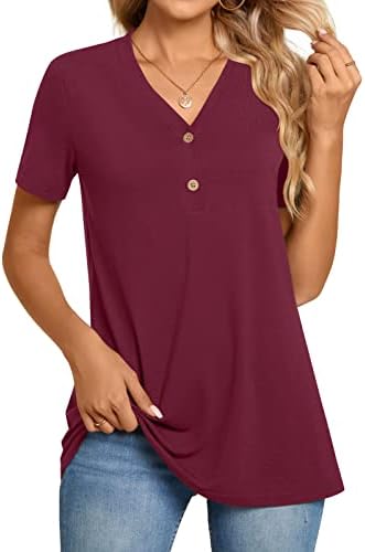 BISHUIGE Womens Henley Short Sleeve Tunic Tops Button Up Loose T-Shirts V-Neck Casual Blouses