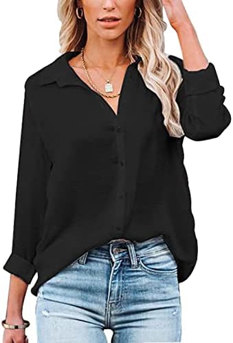 Baynetin Women Blouse Long/Short Sleeve V Neck Shirt Casual Loose Button Down Basic Tunic Solid Color Lapel Shirts