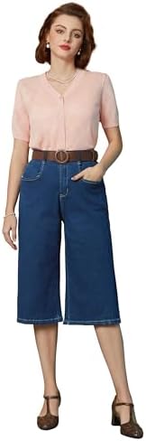 Belle Poque Women Stretchy Capri Jeans Denim Cotton Cropped Pants with Belt Cotton Summer Trouser Elastic Waist Wide-Leg Capris Vintage Capri Pants