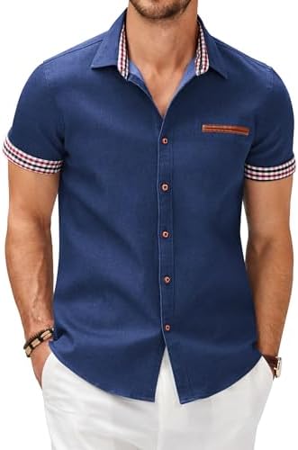 COOFANDY Mens Shirts Short Sleeve Casual Shirt Denim Work Shirts Plaid Collar Regular Fit Button Down Dress Shirt