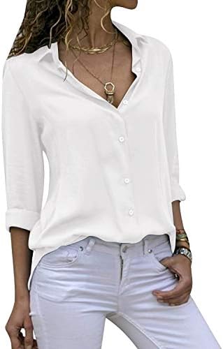 Cassiecy Womens Casual Chiffon V Neck Long Sleeve Button Down Blouse Solid Color Shirts Top