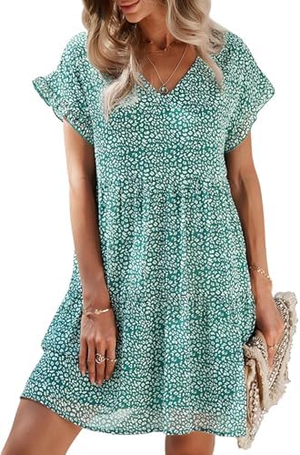 CheChury Summer Dresses for Women UK V Neck Puff Sleeve Dress Floral Print Floaty Dress Boho Mini Short Dresses Casual Beach