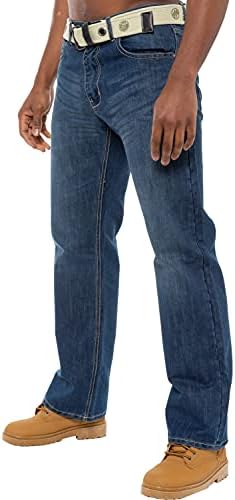 Enzo Mens Straight Leg Jeans Regular Fit Denim Trousers Pants Zip Fly Free Belt