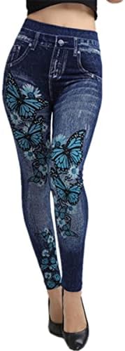 Fioeyr Women Ladies Skinny Faux Stretchy Denim Printed Denim Look Ripped Skinny Leggings Jeggings Stretch Pants Pencil Jeans Tights Trousers