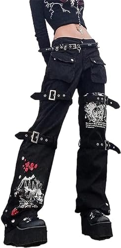 Fioeyr Women Y2K High Waisted Jeans Gothic Baggy Denim Pants Loose Wide Leg Denim Trousers Graphic Print Baggy Cargo Pants Gothic Dark Punk Streetwear