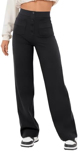 GRECERELLE Womens Yoga Cargo Trousers - High Stretch Wide Leg Elasticated Waist Button Down Yoga Pants Joggers with 4 Pockets