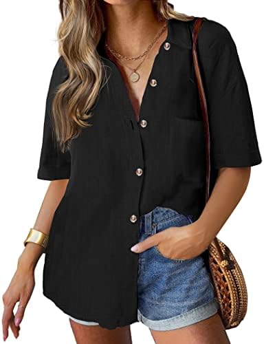 HOTOUCH Women's Shirts Casual Short Sleeve Blouses V Neck Collared Shirts Button Down Shirts Summer Blouse Tops Solid Color Shirts Top with Pockets S-XXL