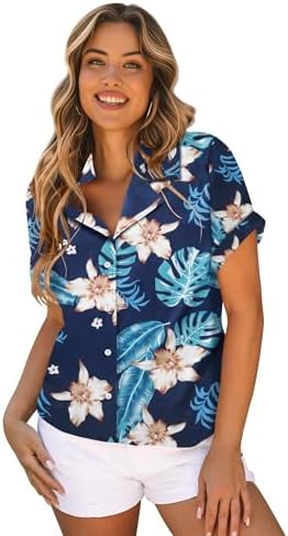 Hawaiian Blouse Shirt for Women Tropical Beach Shirts Button Down Floral Funky Casual Short Sleeve Tops