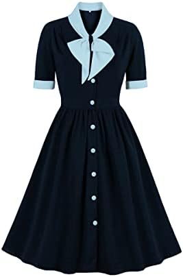 IBTOM CASTLE 1940s Dress for Women, Vintage Short Sleeve A-line Cocktail Dress Fit and Flared Dress Retro Bow Tie Swing Dresses with Belt for Wedding Guest Summer Holiday Tea Party