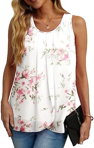 IWOLLENCE Womens Summer Vests Tops Blouses Chiffon Sleeveless Round Neck Lining Casual Shirts Flowy Ladies Tank Tops for Women UK