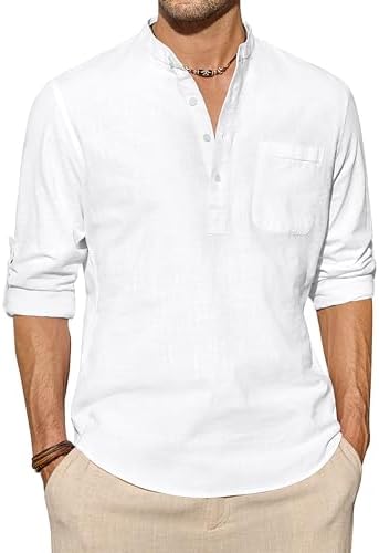 J.VER Mens Henley Linen Shirt Casual Banded Collar Long Sleeve Light Cotton Beach Shirt Top with Pocket S-6XL