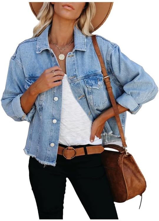 JayscreateEU Women's Ripped Denim Jacket Cropped Ladies Oversized Distressed Hem Baggy Short Crop Jean Jacket UK