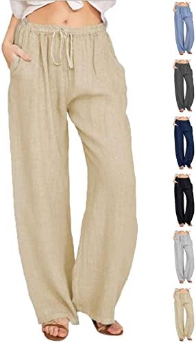 Joligiao Women's Cotton Linen Trousers with Pockets Loose Palazzo Lounge Pants Elastic Waist Wide Leg Drawstring Casual Solid Color Trousers Tracksuit Bottom Joggers