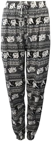 Ladies Mono Print Design Elephant Print Loose Fit Cotton Harem Pants, Elastic Waist, Pockets, Sizes Small - 2XL