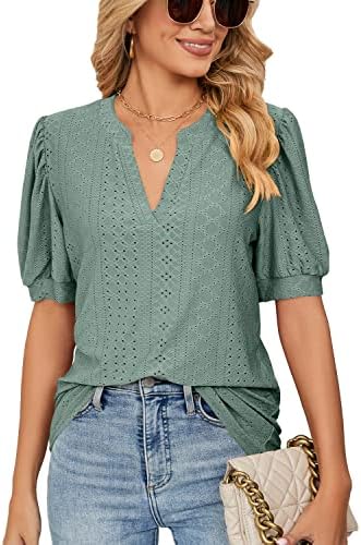 MGOOL Womens Tops Casual V Neck Tshirts Puff Sleeve Summer Tops Tunic Blouse Short Sleeve Tops for Women UK