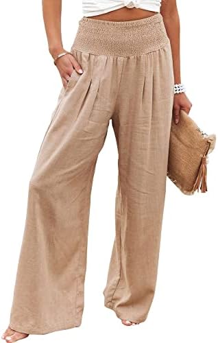 Miolasay Women Casual Wide Leg Palazzo Yogo Lounge Pants High Waist Smocked Long Lounge Beach Trousers with Pockets Straight Bottom