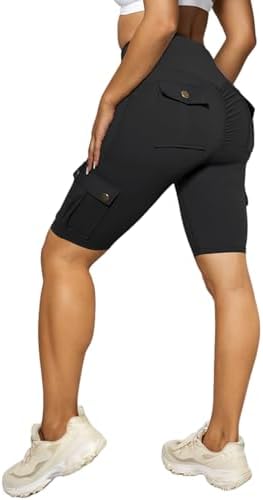 Nuofengkudu Gym Shorts for Women Running Scrunch Bums High Waisted Tummy Control 4 Pockets Stretch Cargo Knee Length Workout Booty Short